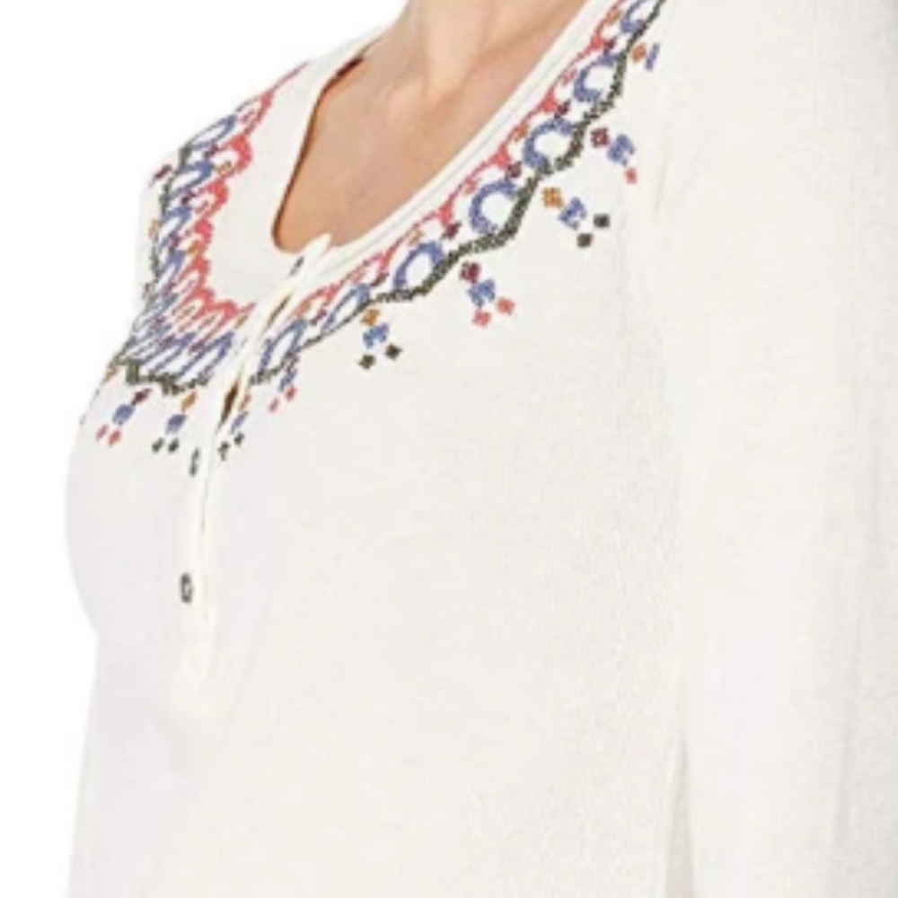 Lucky Brand Thermal Henley Women's White Embroidered Top